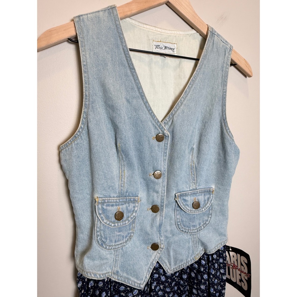 NWT Vintage Paris Blues S | M Denim Vest Blue Floral Maxi Dress Set 1990's USA - Picture 3 of 16